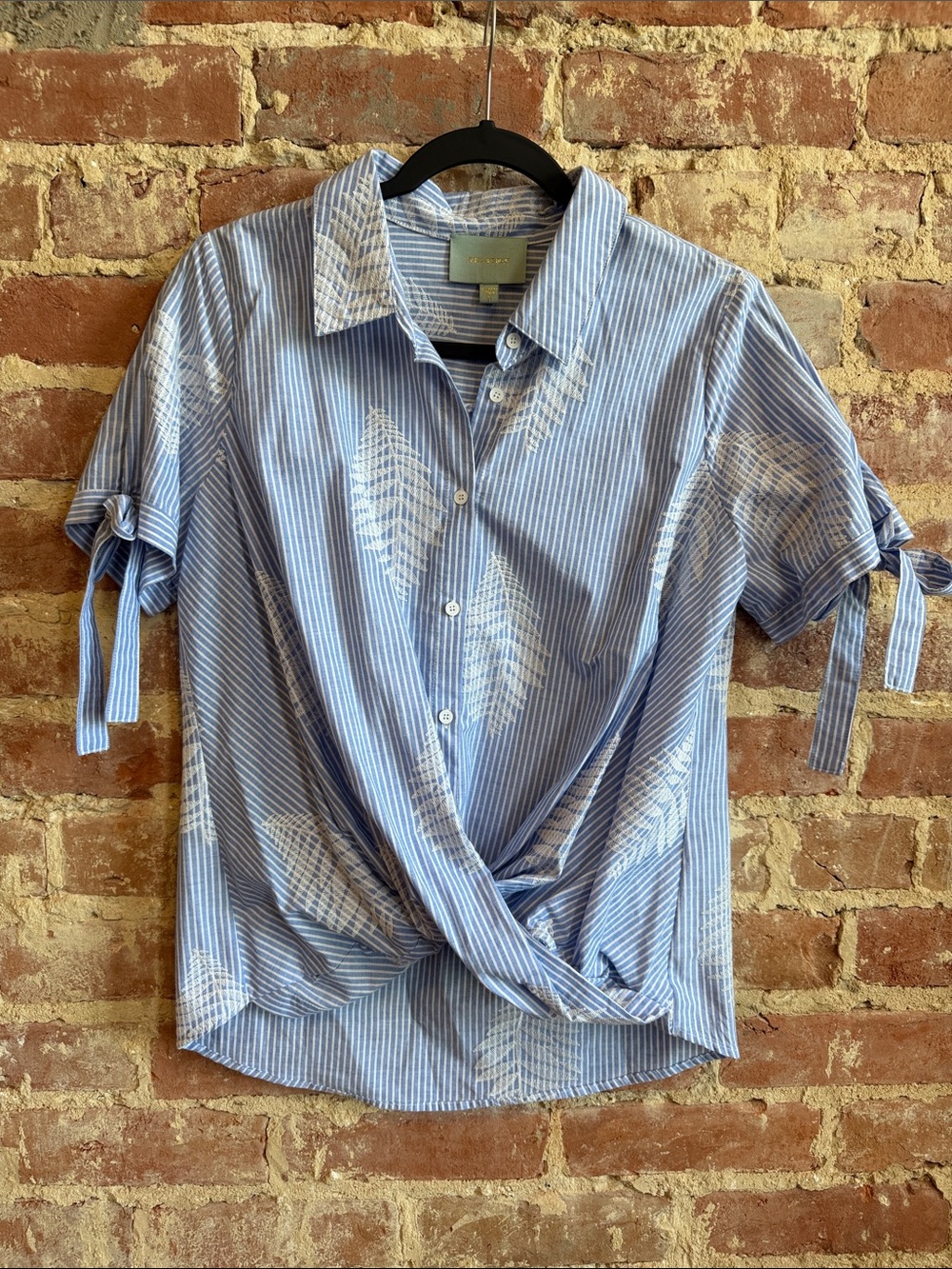 Skies Are Blue Light Blue & White Striped Twist-Front Blouse